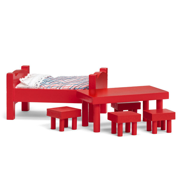 Pippi - Pippi Langstrumpf - Möbel-Set aus Holz mit Bett, Tisch und 4 Hockern