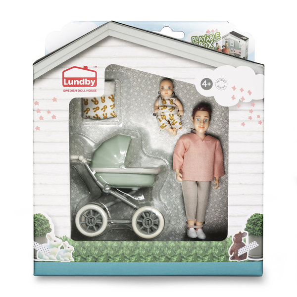 Lundby Puppenhauspuppe Mann mit Baby und Kinderwagen - (Art. 60-8083)